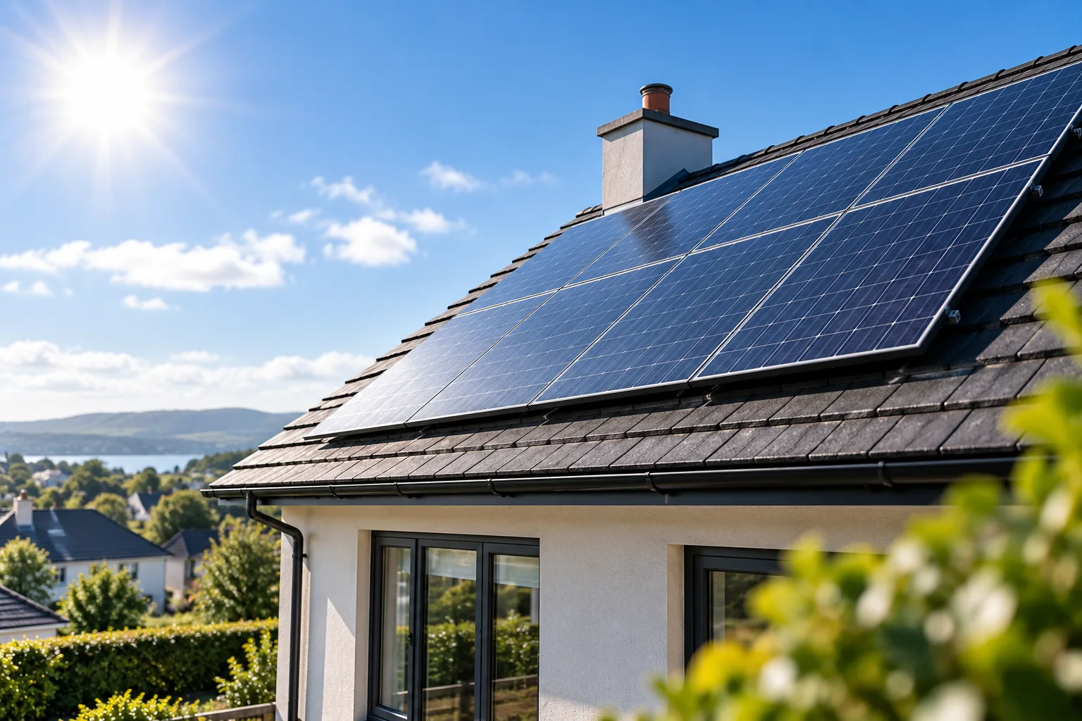Solar panels fitted along an angled roof slope in bright sunshine, overlooking a town and hills in the distance