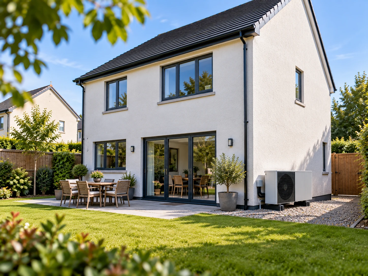 A detached home in Ireland with an air source heat pump fitted to an outside wall beside a patio door