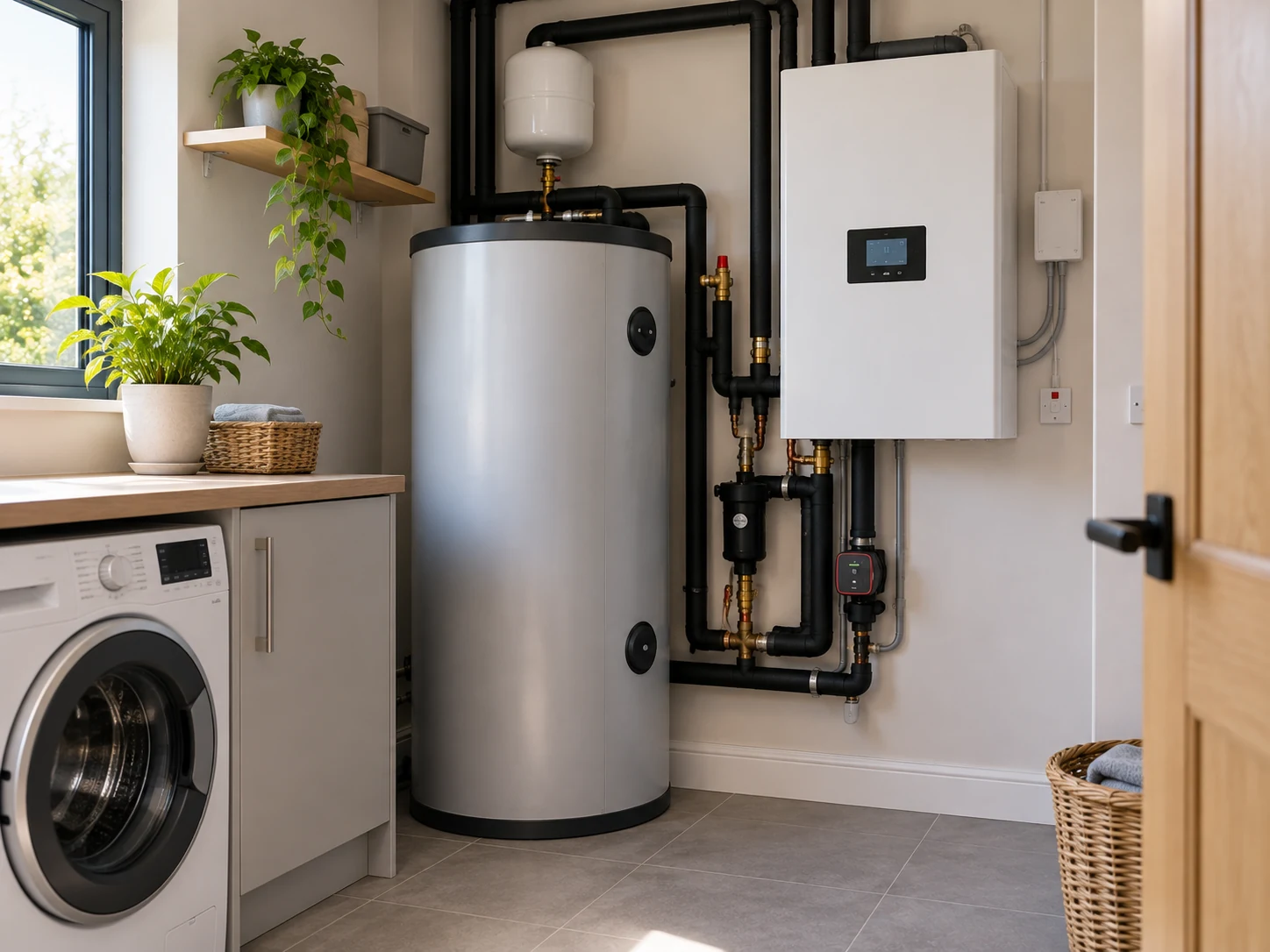 A hot water cylinder and heat pump indoor equipment fitted in a home utility room in Ireland, alongside a washing machine