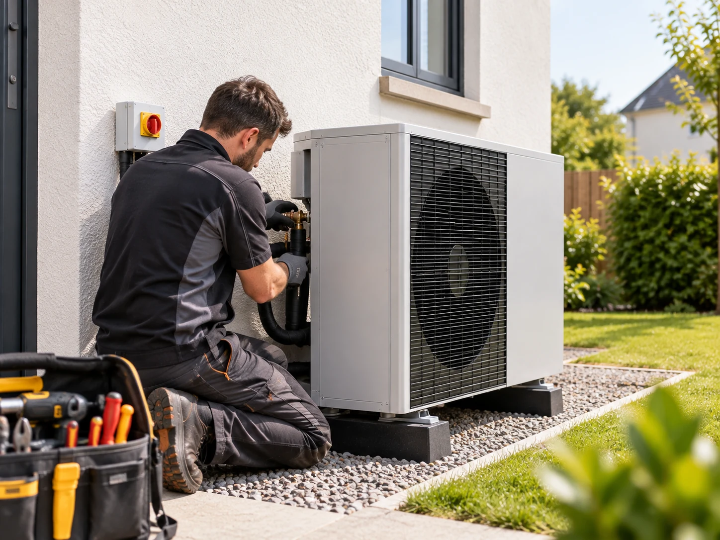 An installer working on the pipework of an air source heat pump outdoor unit beside a home