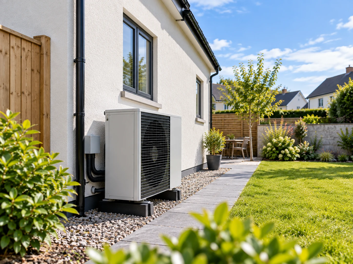 An air source heat pump outdoor unit positioned on gravel beside a home, close to a window and a garden boundary fence