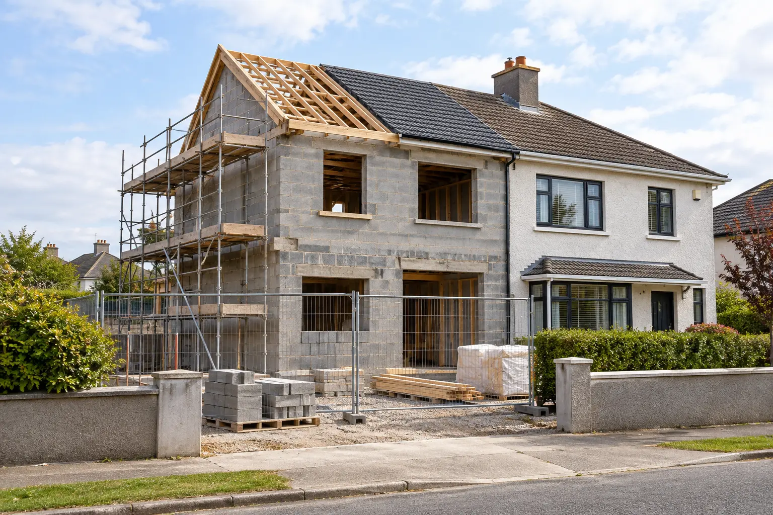 A house under construction in Ireland, showing the structural work involved in rebuilding a home