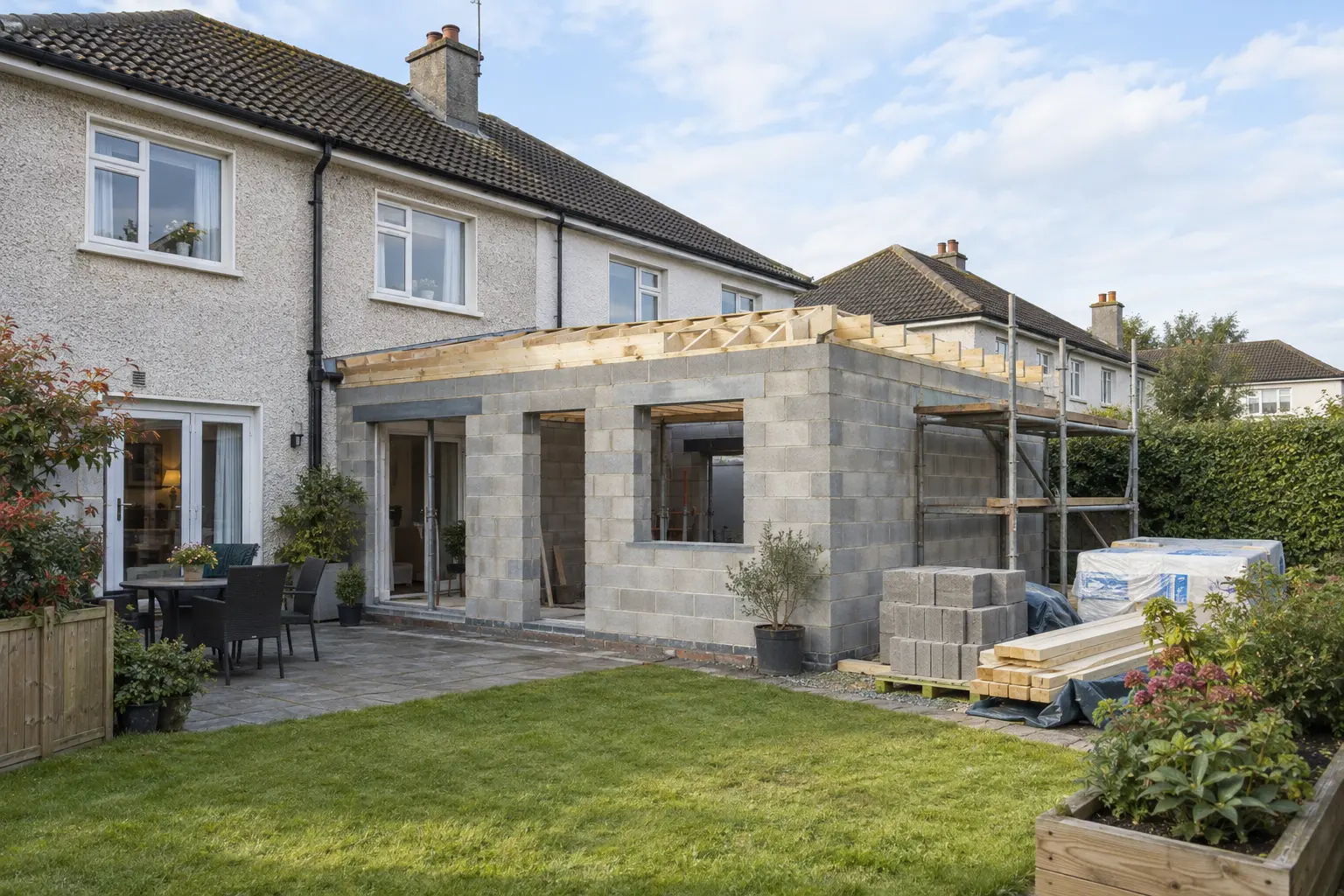 A home extension under construction in Ireland, with scaffolding and structural work in progress
