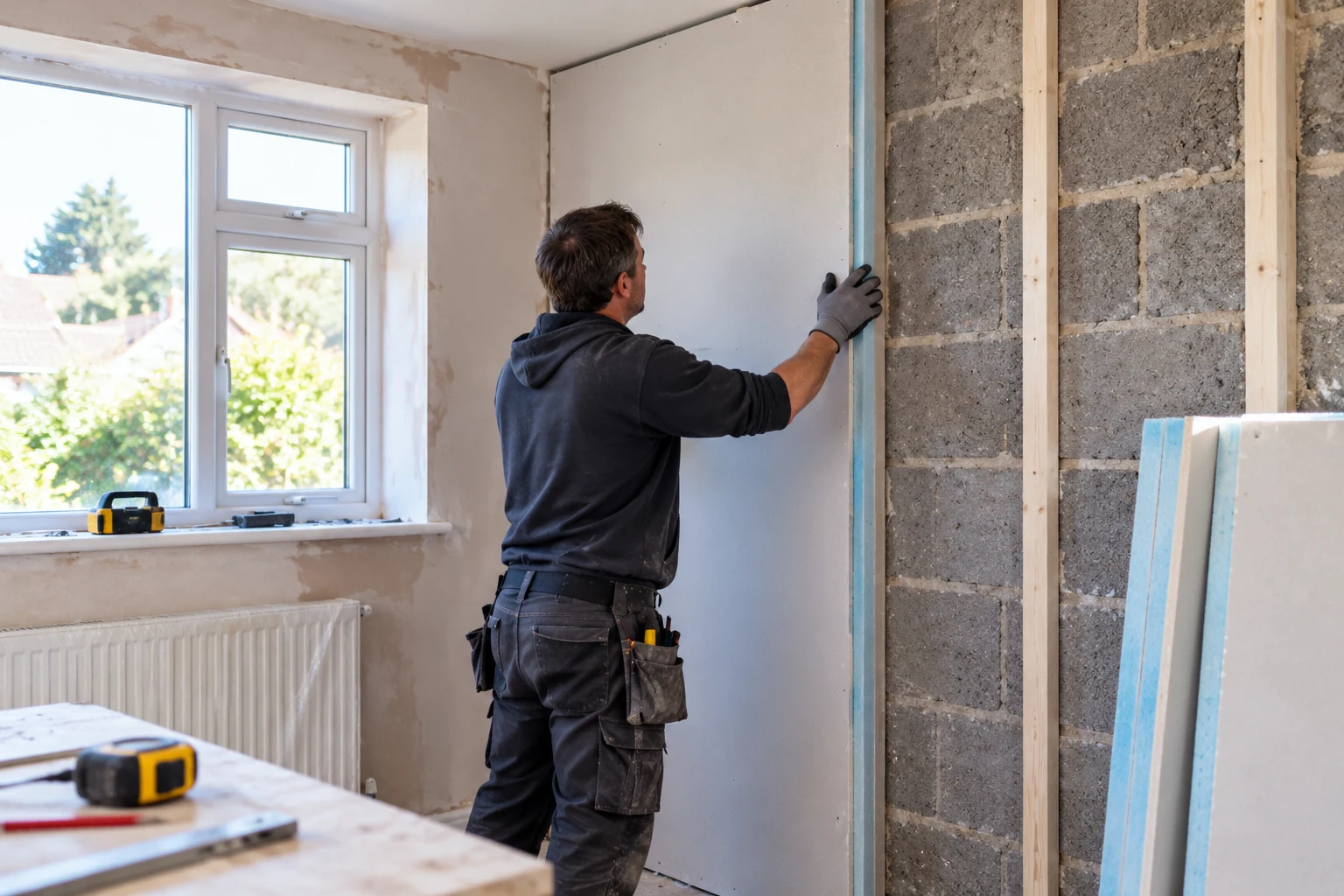An installer fitting internal wall insulation inside a home