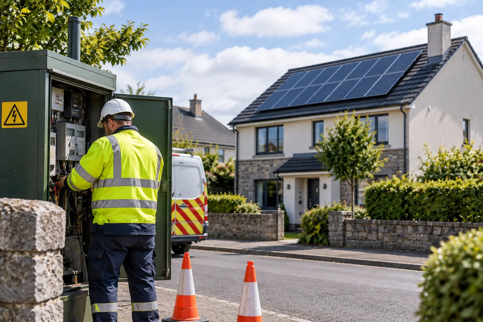 An engineer working at a street side electricity supply cabinet near a home with solar panels fitted to its roof