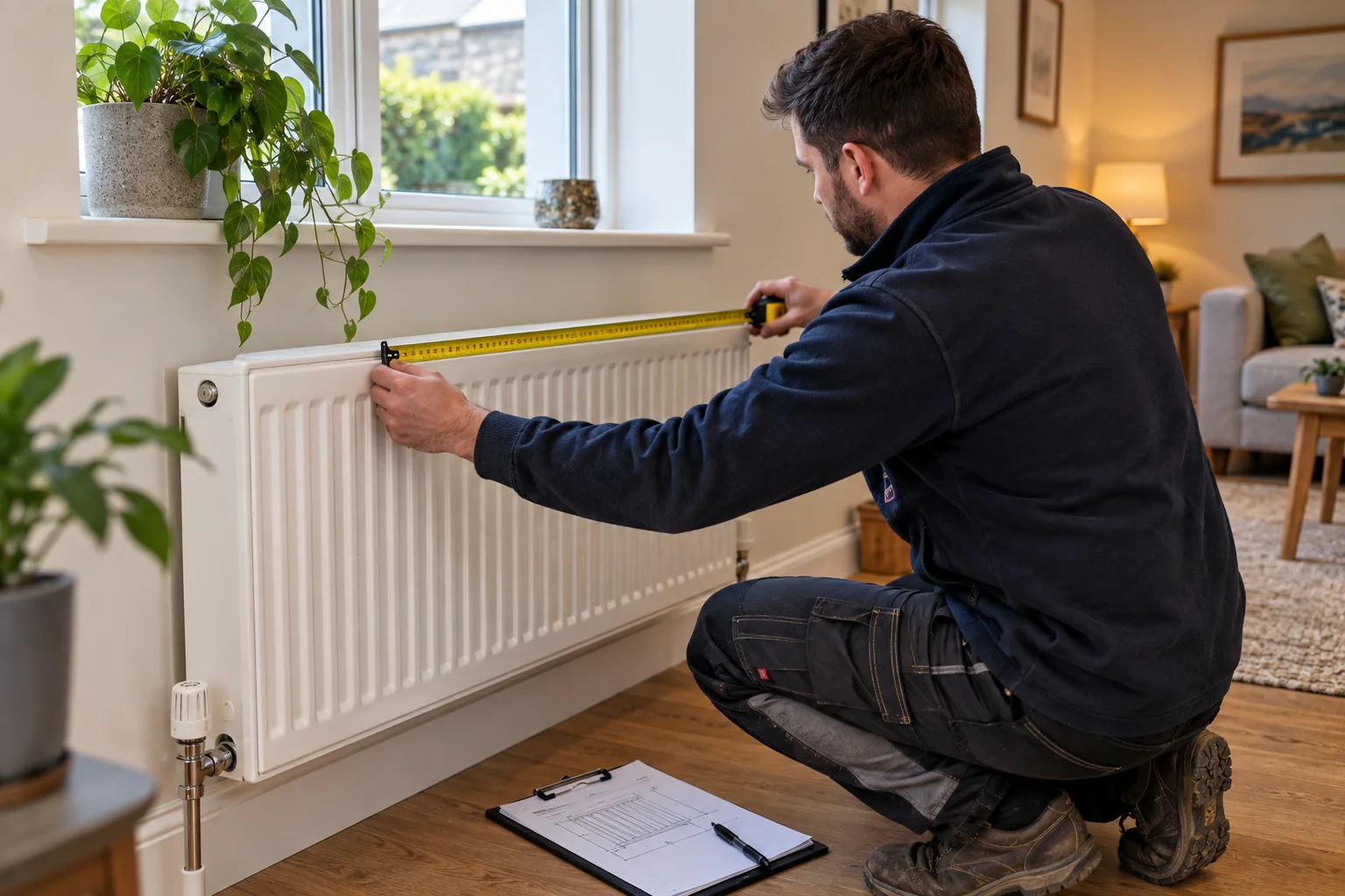 An installer measuring the length of a radiator with a tape measure in a living room, with a clipboard of notes on the floor