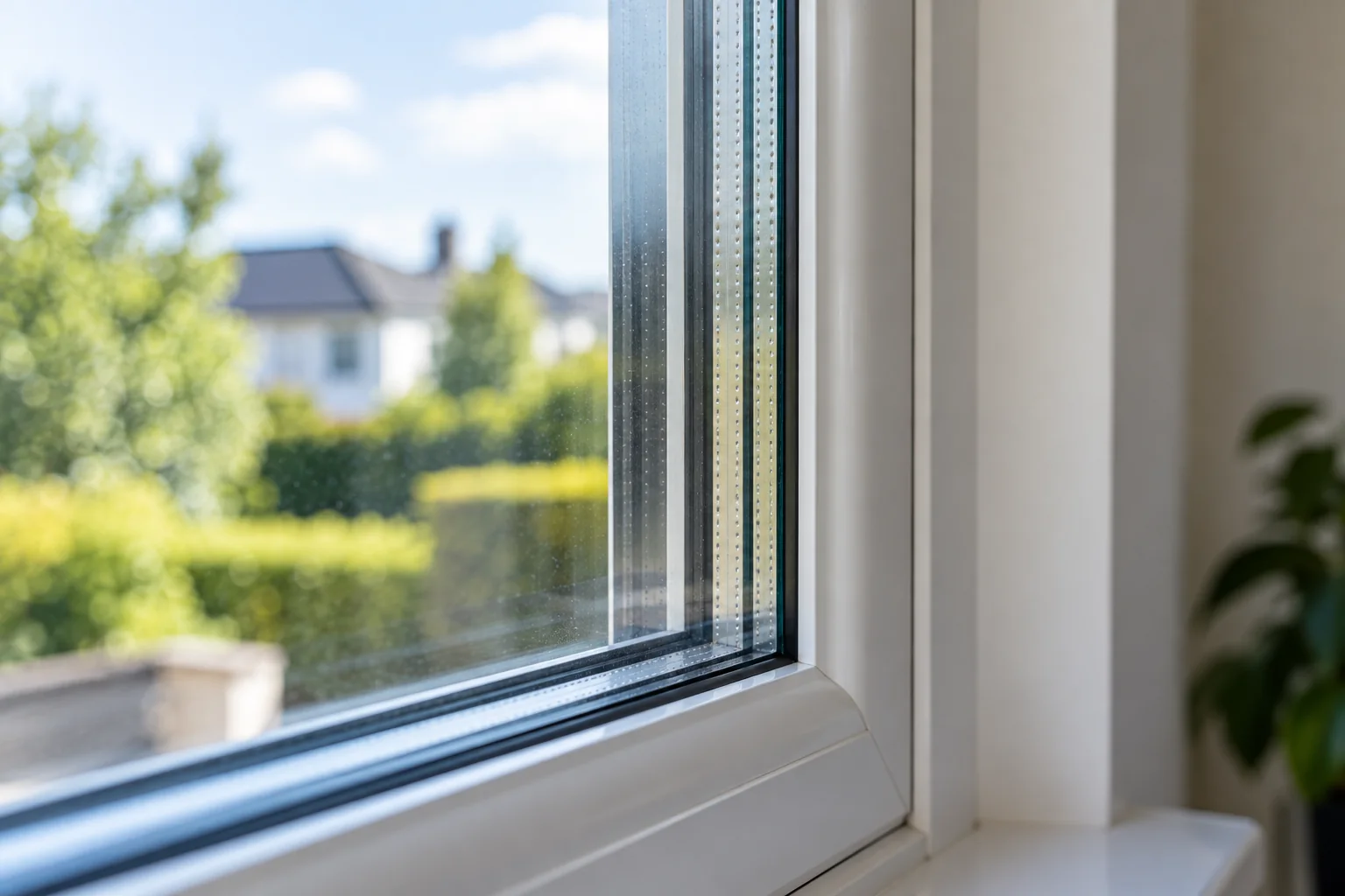 Close up of a double glazed window showing misting trapped between the panes near the spacer bar