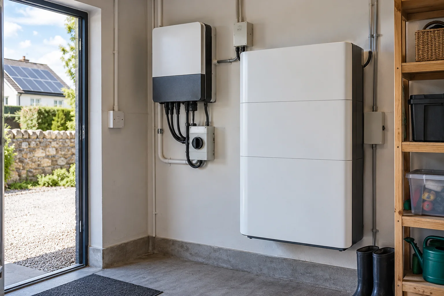 A home battery and inverter mounted on a garage wall, with solar panels visible on a roof through the open door