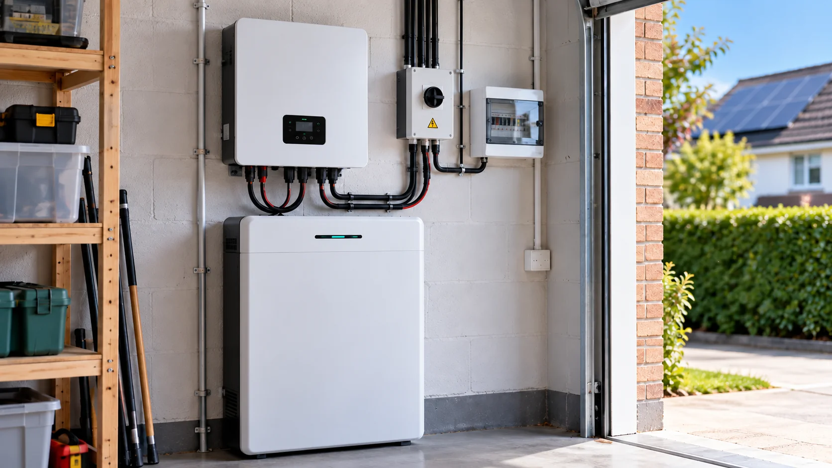 A home battery and inverter mounted on a garage wall next to an electrical fuse board