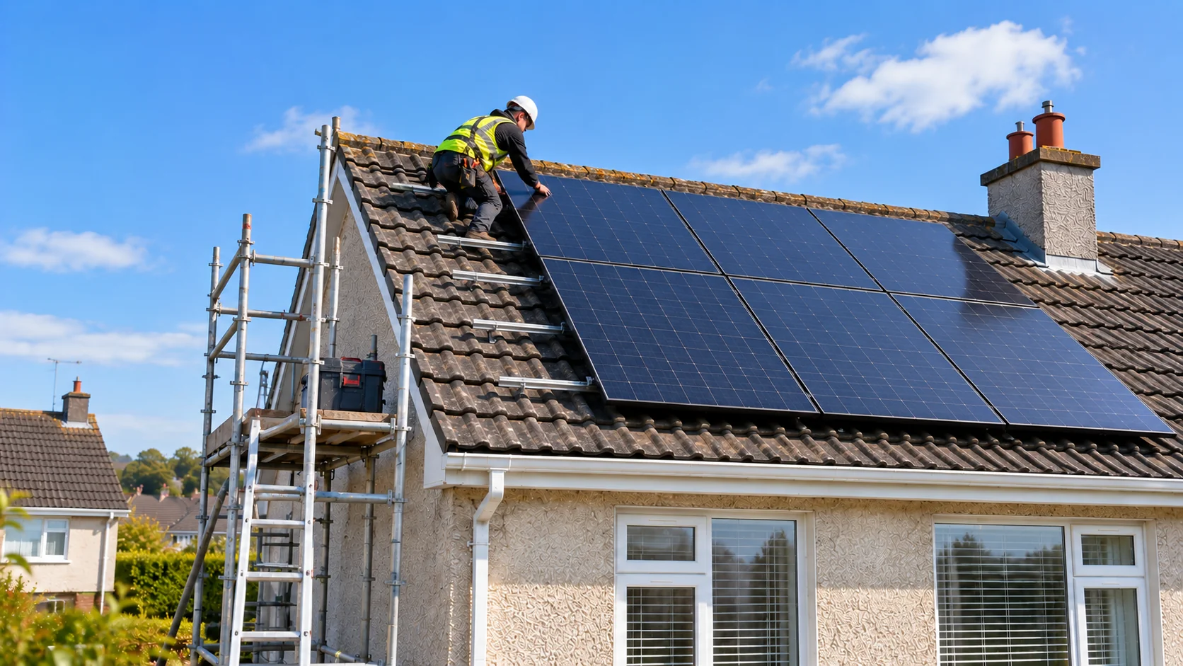An installer wearing a hard hat and high visibility vest fitting solar panels to a pitched roof, with scaffolding in place