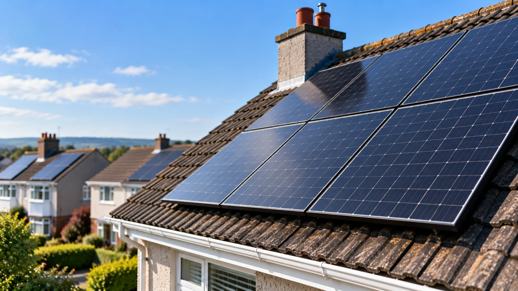 Rows of solar panels fitted to the roofs of a terrace of similar homes
