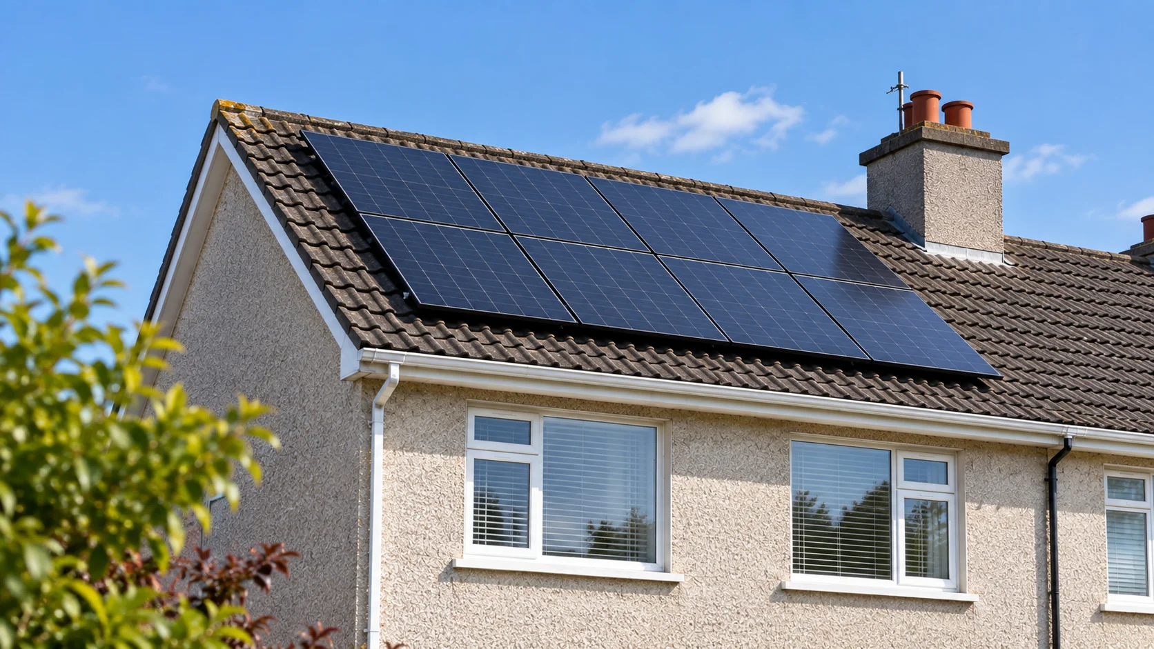 Solar panels fitted along a south facing roof slope on a semi detached home, with a chimney further along the same roof