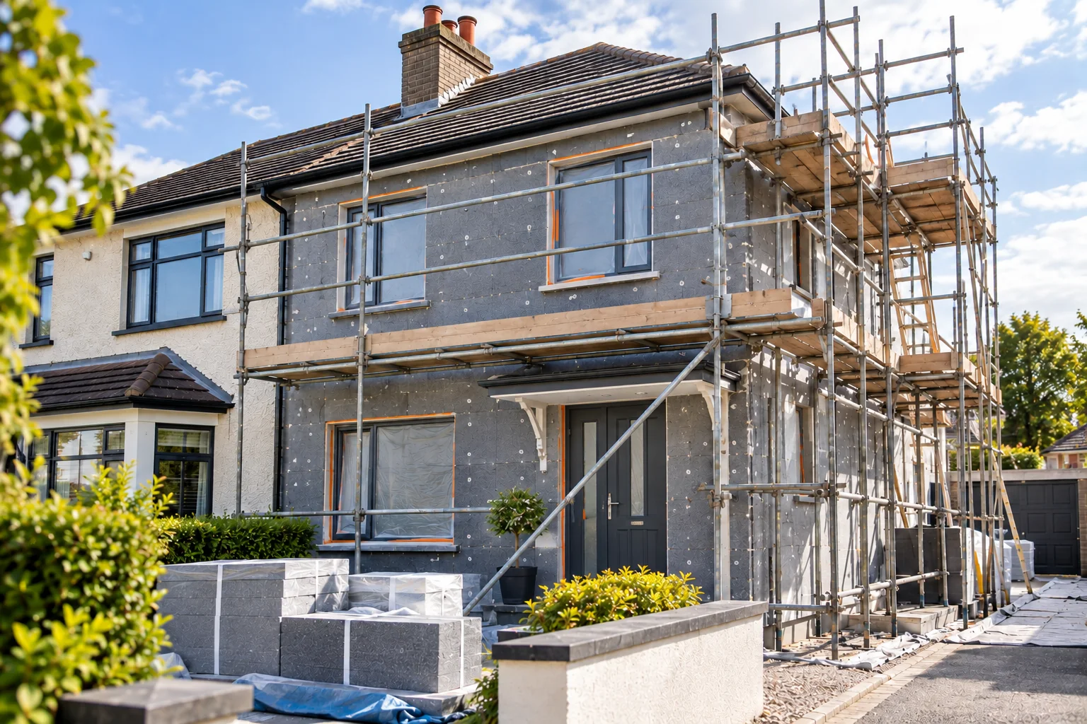 A semi detached solid wall home with external insulation boards fitted around the front door and windows, with scaffolding still in place