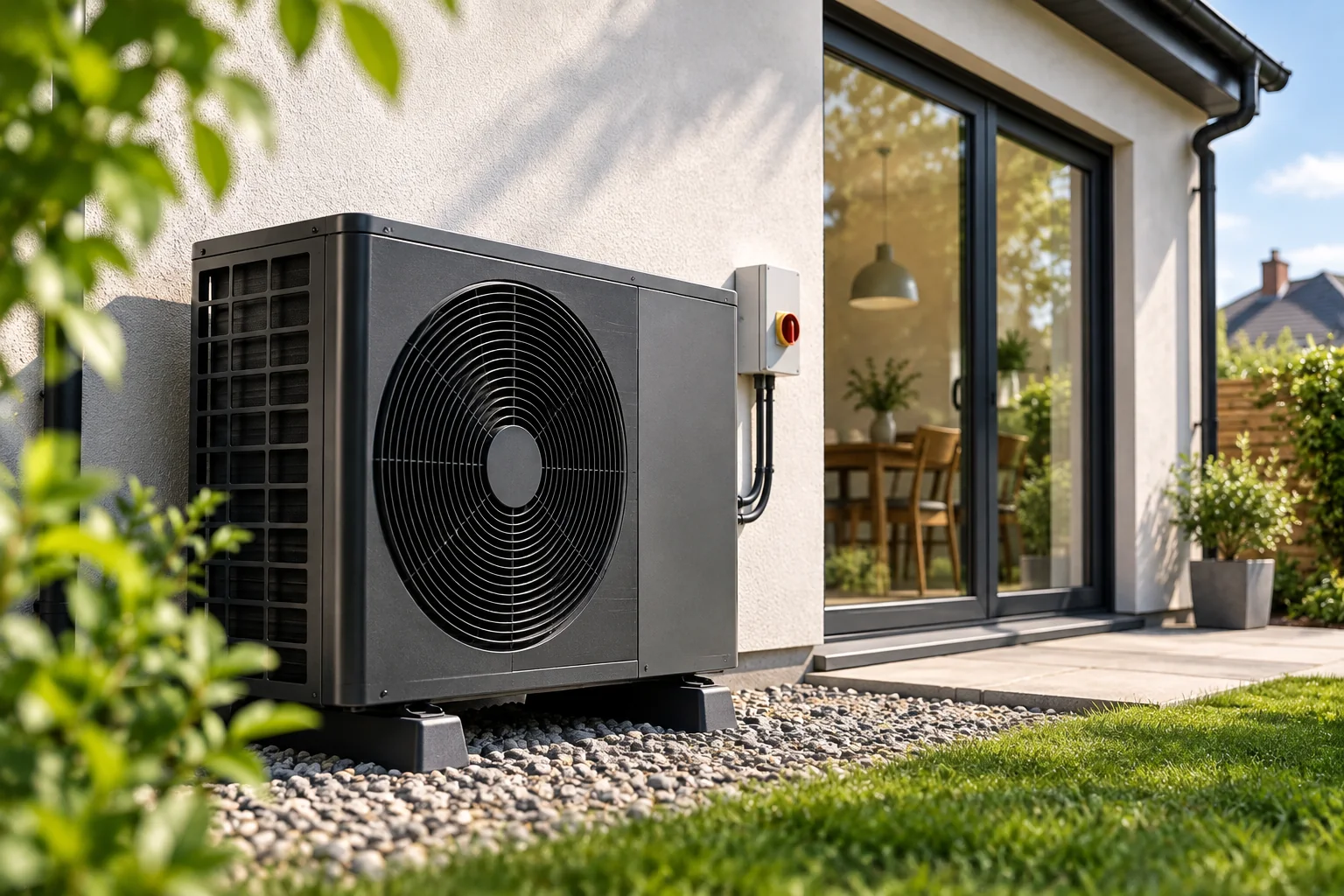 An air to water heat pump outdoor unit mounted on an exterior wall beside a set of sliding patio doors