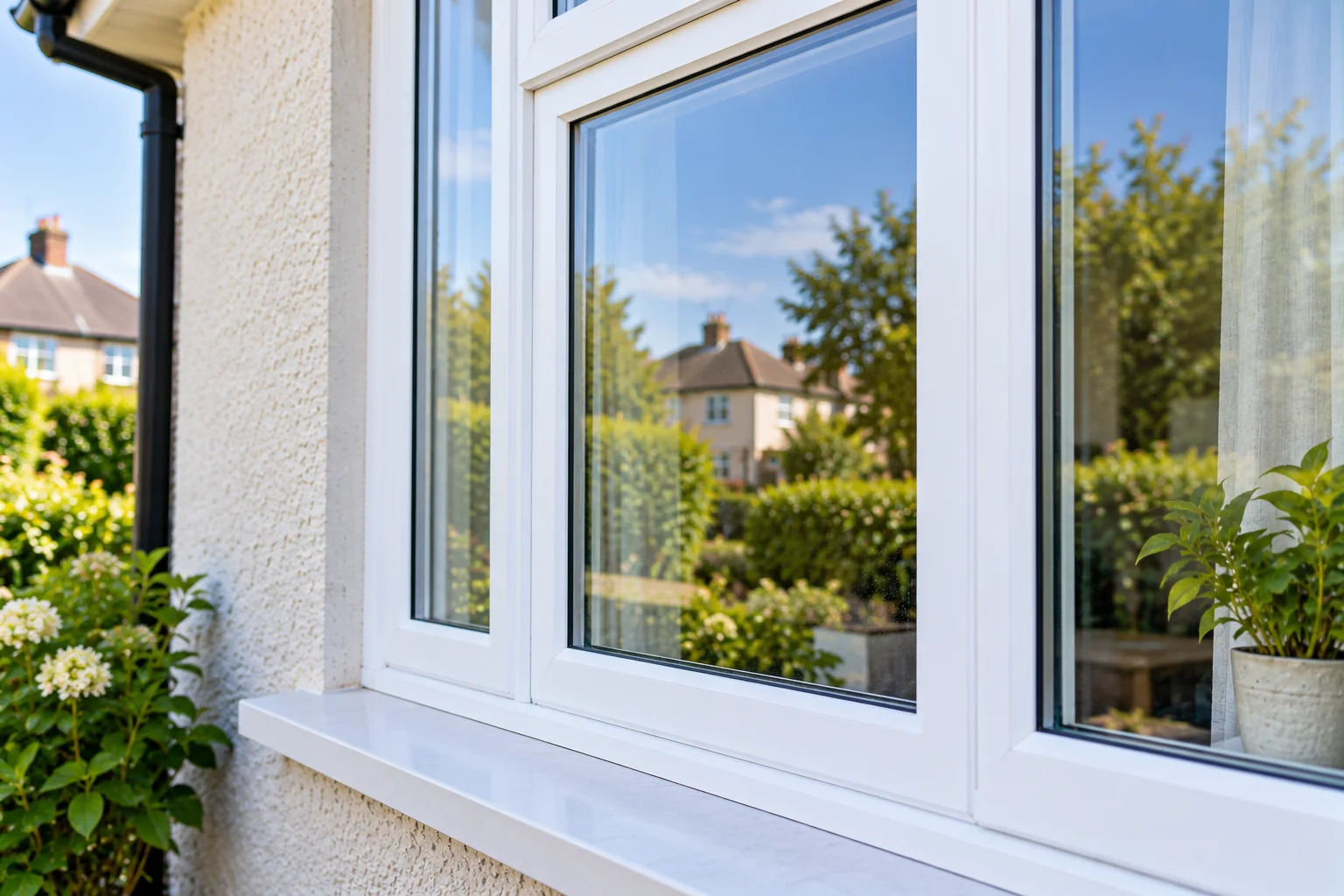 Close up of a white uPVC double glazed window reflecting a garden and neighbouring houses