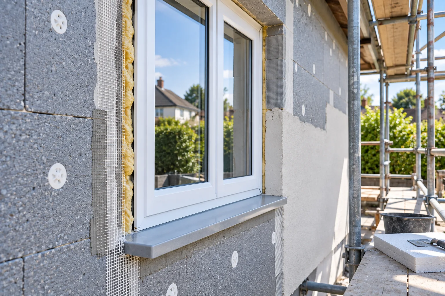 A new window set into a wall during external insulation work, with insulation boards and mesh dressed around the window reveal